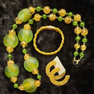 Green & Gold Bead 33" Necklace, Bracelet and Earring Set - Women Jewelry